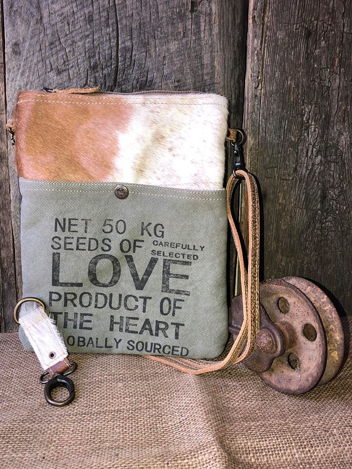 Cowhide and Canvas "Fond Stamp" Cross Body Bag
