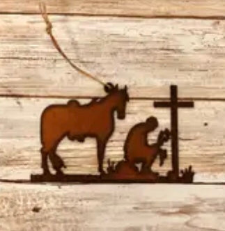 Kneeling Cowboy Cross Metal Ornament/Wall Hanging
