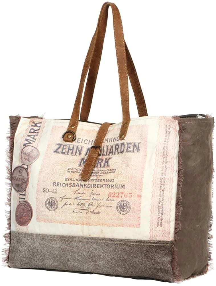 Oversized Upcycled Cowhide and Canvas Tote Weekender Bag