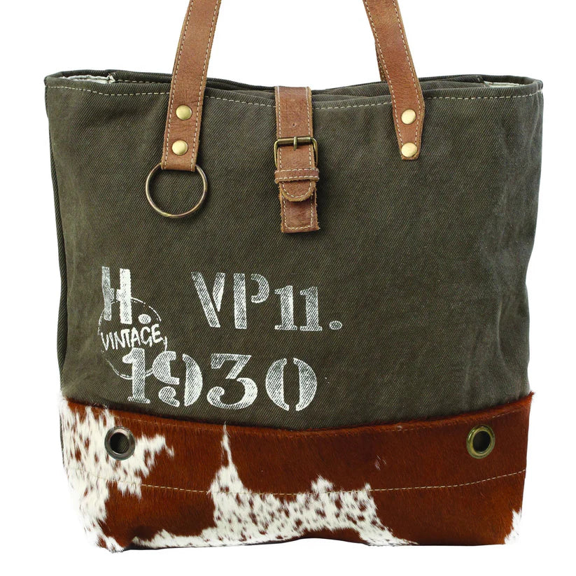 Cowhide and Canvas Shoulder Bag Tote