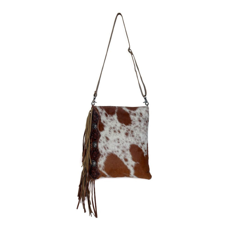 Western tooled leather floral and cowhide inlay fringe round purse
